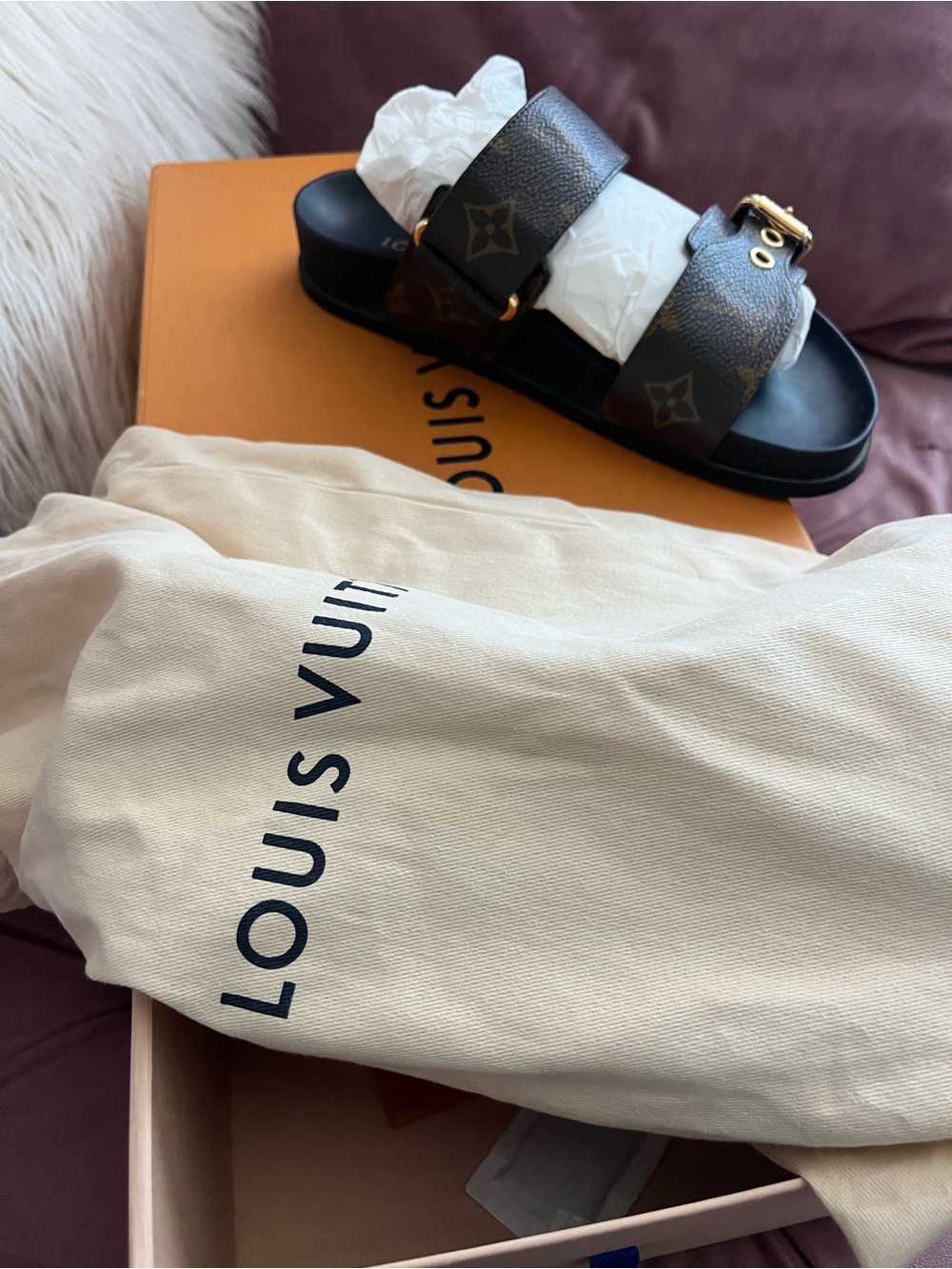 Louis Vuitton Brown Monogram Double-Strap Slide Sandals with Gold Buckles - Picture 4 of 5